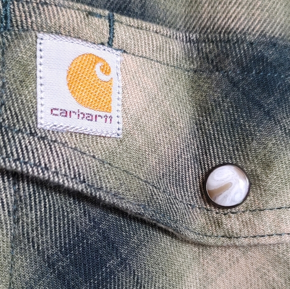 Carhartt Green Plaid Button-Up Shirt Pearl Snap Buttons - Picture 2 of 7